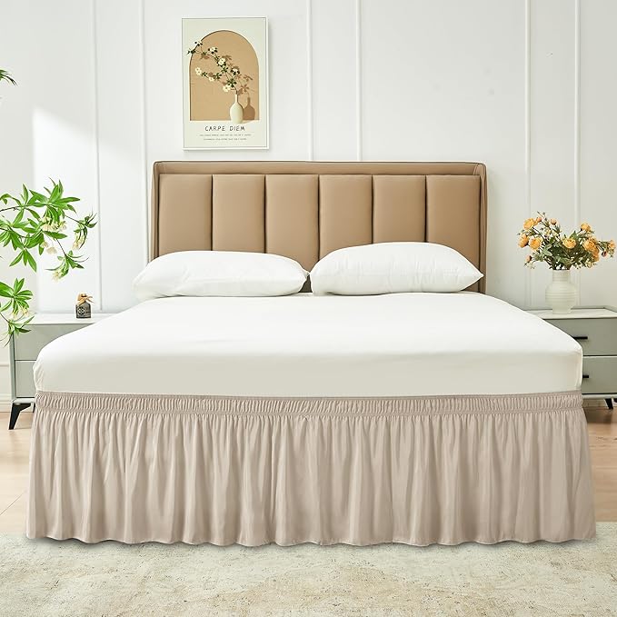 Biscaynebay Wrap Around Bed Skirts for Queen Beds 22" Long Drop, Light Camel Adjustable Elastic Dust Ruffles Easy Fit Wrinkle Resistant Silky Luxurious Fabric Machine Washable
