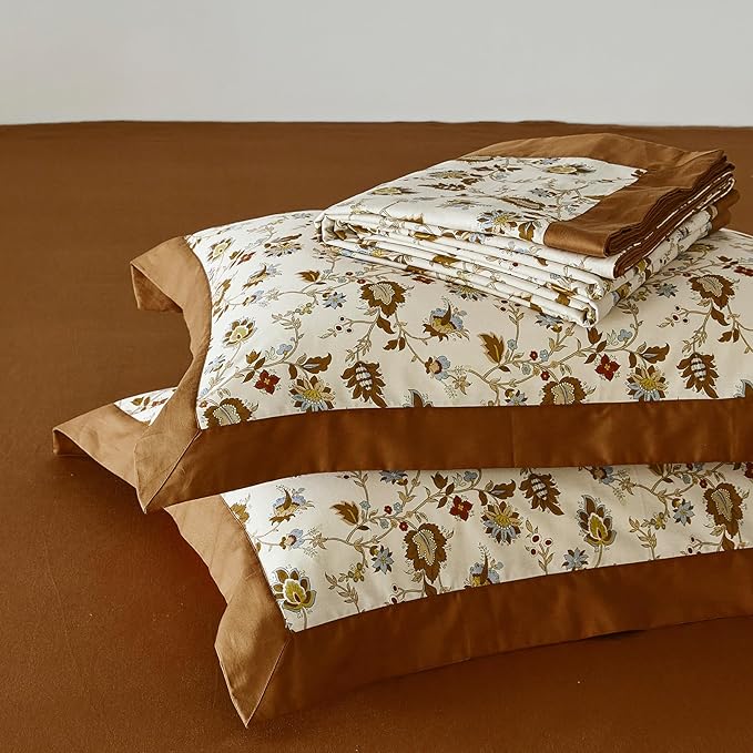 YuHeGuoJi Brown Floral Duvet Cover King 100% Cotton 3 Pcs Set 1 Beige Flower Duvet Cover with Zipper Ties 2 Pillow Shams Vintage Exotic Boho Botanical Burnt Orange Wide Trim Bedding Set Soft