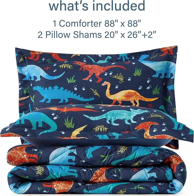 Queen Dinosaur Kids Bedding Set for Boys, 3 Pieces Queen Dinosaur Kids Comforter Sets, Super Soft Lightweight for All Seasons, Includes 1 Comforter (88"x88") and 2 Pillowcase (20"x26"+2")
