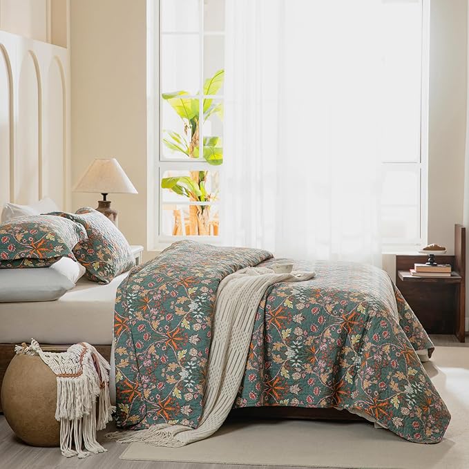 QSH 3Pcs Floral King Quilt Set (110"x98") -100% Cotton Quilt King Size Bedding Set Luxury Paisley Flower Botanical Printed Bedspread Coverlet King Soft Lightweight Quilted Bedding Set