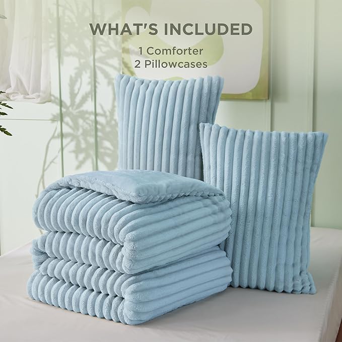 Bedsure Queen Comforter Set - GentleSoft™ 3 Pieces Fluffy Double-Side Fleece Comforter Set, Cozy Striped Room Decor Aesthetic, Luxury Light Blue Bedding Queen Size with 2 Pillowcases, 90x90 Inches