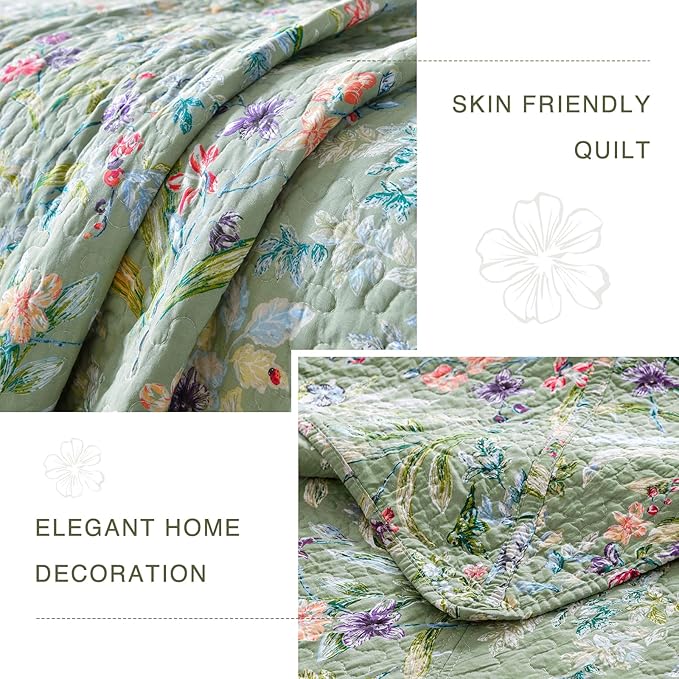 QSH 100% Cotton Quilt Oversized King Set (118"x106")-3Pcs Green Floral Quilt California King Summer Flower Bird Butterfly Printed Bedspread Coverlet Soft Lightweight Bedding Set for All Seasons