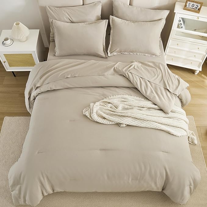 Litanika Comforters Queen Size Set Oatmeal - 7 Pieces Bed in a Bag Queen Bedding Comforter Sets, Plain Lightweight Bed Set with Comforter, Sheets, Pillowcases & Shams