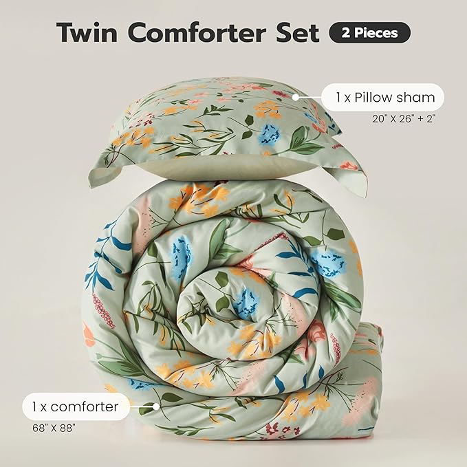 Joiedomi Twin Comforter Set Light Green, 2 Pieces Floral Twin Bedding Set with 1 Soft Reversible Flower Comforter and 1 Pillow Sham, Bed in a Bag for All Seasons