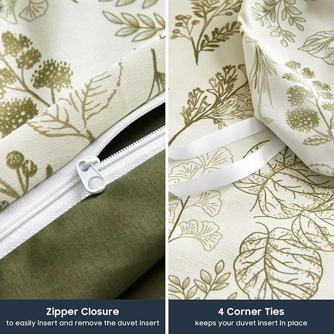 Wake In Cloud - Floral Duvet Cover Set, Botanical Vintage Flower Coquette Cottagecore Aesthetic for Women Teen Girls, Soft Lightweight Bedding, 3-Piece, Olive Green, Full Size