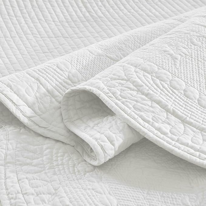 MarCielo 100% Cotton Quilt Set - 3-Piece Embroidered Farmhouse Bedspread & Shams, All-Season Breathable Bedding(TG Bright White,Queen)