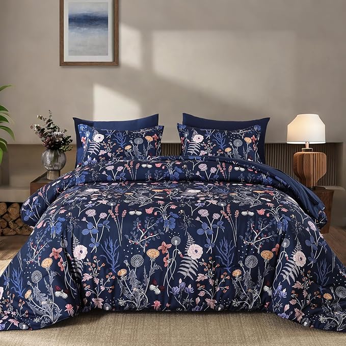 Yiran Queen Comforter Set, 7 Pieces Navy Blue Floral Soft Bedding Sets, Queen Bed in a Bag with Botanical Flowers Winter Comforter, Sheets, Pillowcases & Shams