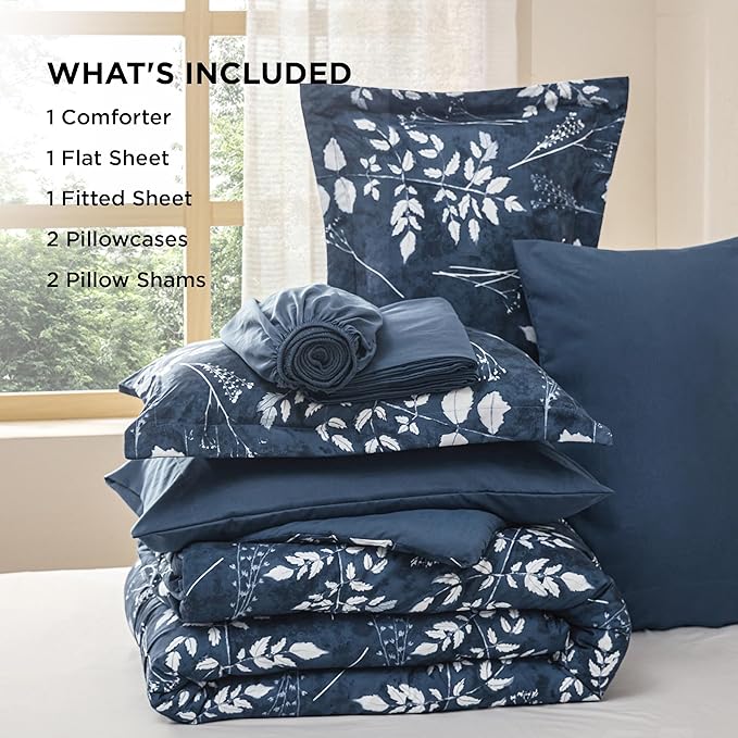 Bedsure King Size Comforter Set - 7 Pieces Floral Navy Soft Bedding Sets, King Bed in a Bag with Botanical Flowers Comforter, Sheets, Pillowcases & Shams