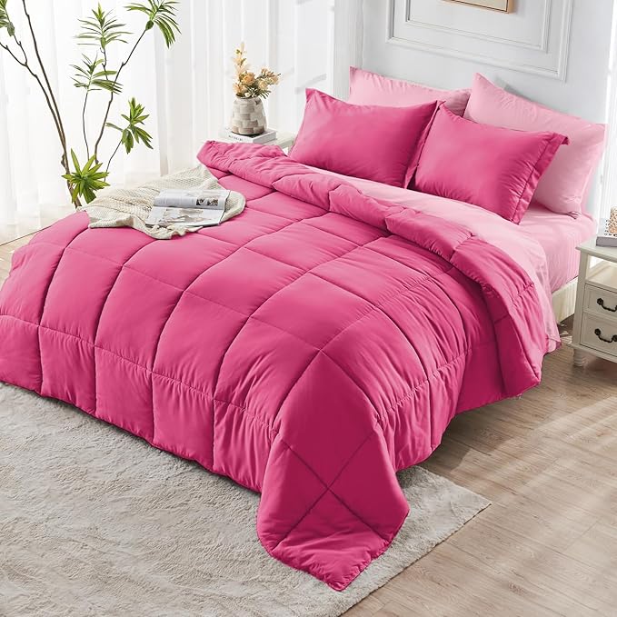 JOLLYVOGUE Twin XL Comforter Set, Ultra-Soft Bed in a Bag Twin XL Size 5 Pieces, Oeko-TEX Certified Bedding Set with Down Alternative Comforter, Sheets, Pillowcases & Shams, Hot Pink & Baby Pink