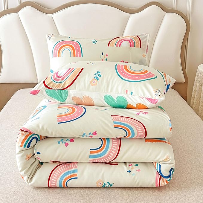 Btargot Lightweight Soft 3 Piece Rainbow Comforter Set with 2 Pillow Covers, Cartoon Love Hearts Flowers and Grass Bedding Set for Girls Boys Kids, Queen Multi-Color