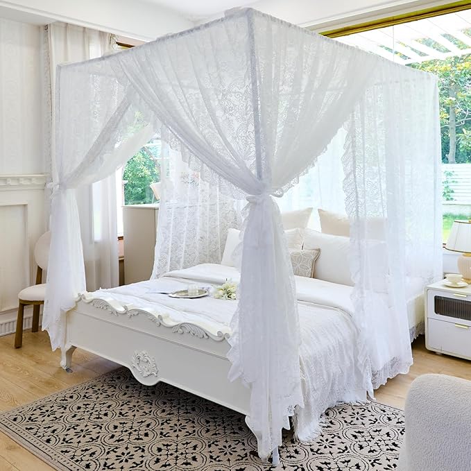 AIKASY Elegant Lace Princess 4-Poster Bed Canopy Mosquito Net - Romantic Wedding Bridal Bedroom Decor, Kids Room Bed Curtain for Women Adults - (White-3,King)
