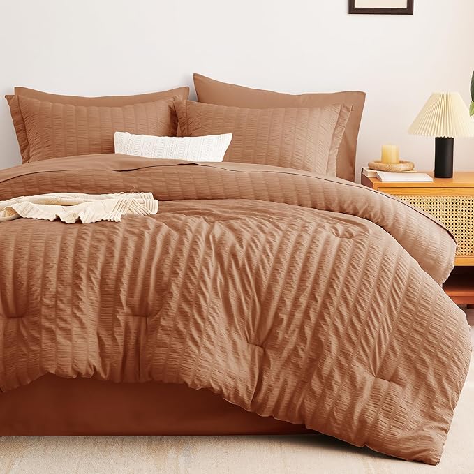 CozyLux King Size Comforter Set Pumpkin Seersucker 7 Pieces Bed in a Bag King Comforter Set with Sheets, Luxury Bedding Set with Down Alternative Comforter, Sheets, Pillowcases & Shams All Seasons