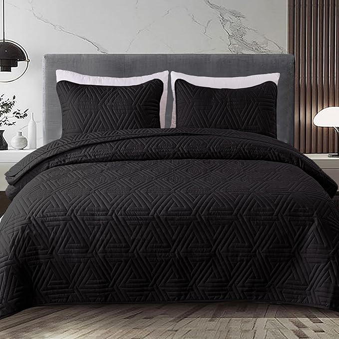Whale Flotilla Soft Twin Size Quilt Set for All Seasons, 2-Piece Ultrasonic Geometric Quilts Bedding Set, Lightweight Reversible Bedspread, Coverlet, Bed Cover with Pillow Sham, Black
