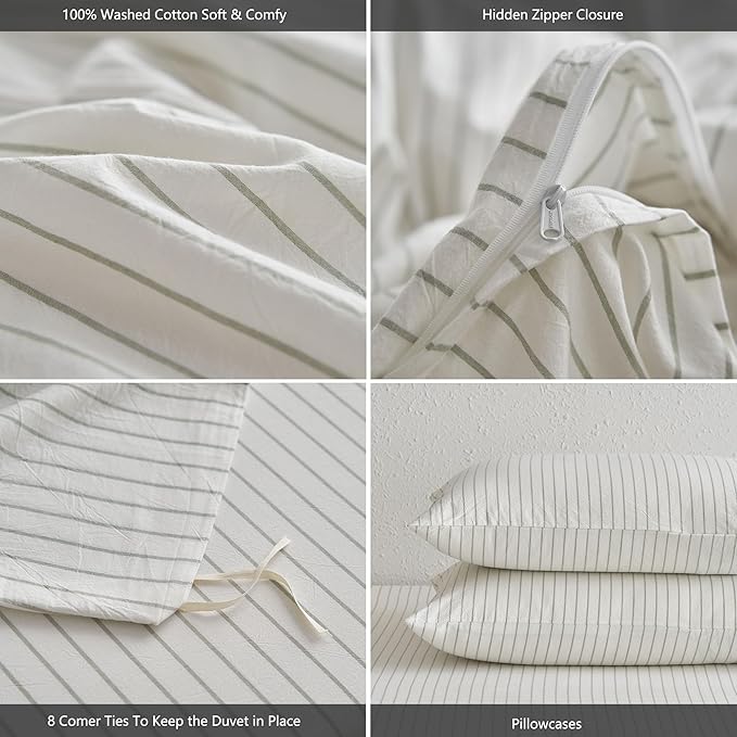 MooMee Striped Duvet Cover Set 100% Washed Cotton Linen Like Textured Breathable Durable Soft Comfy (White Sage Green Wide Stripes, Queen 90"x90")