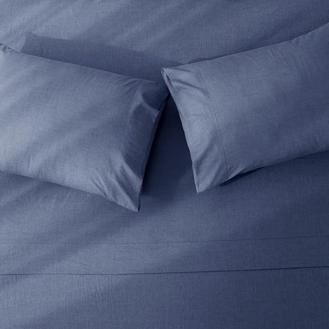 JIYUAN 100% Washed Cotton Sheet Set 4 Pieces King,1 Fitted Sheet,1 Flat Sheet and 2 Pillowcases,Comfy and Breathable Linen Like Bedding Set,Heathered Blue