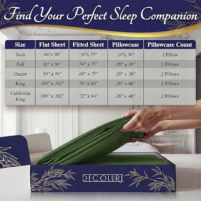 DECOLURE 100% Viscose Derived from Bamboo Sheets Queen Size - Luxury 4 Pc Naturally Cooling Sheets, Ultra Soft Bed Set - Deep 17" Pockets, Durable Double Stitching, Oeko Tex Standard (Olive)