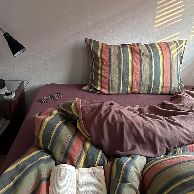 mixinni Vintage Striped Duvet Cover Set Queen Size - 3 Piece 100% Washed Cotton Bedding Set, Soft & Breathable, Colorful Striped Pattern Printed Comforter Cover for All Seasons