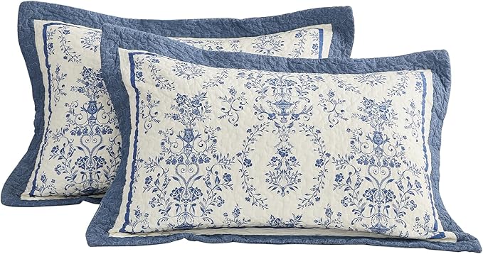 Oversized California King Bedspread - 100% Cotton Lightweight Quilted Coverlet - Soft Reversible Bedding, Medallion Floral Design - Includes 1 Bedspread (128x120)+2 Pillow Shams Blue/White