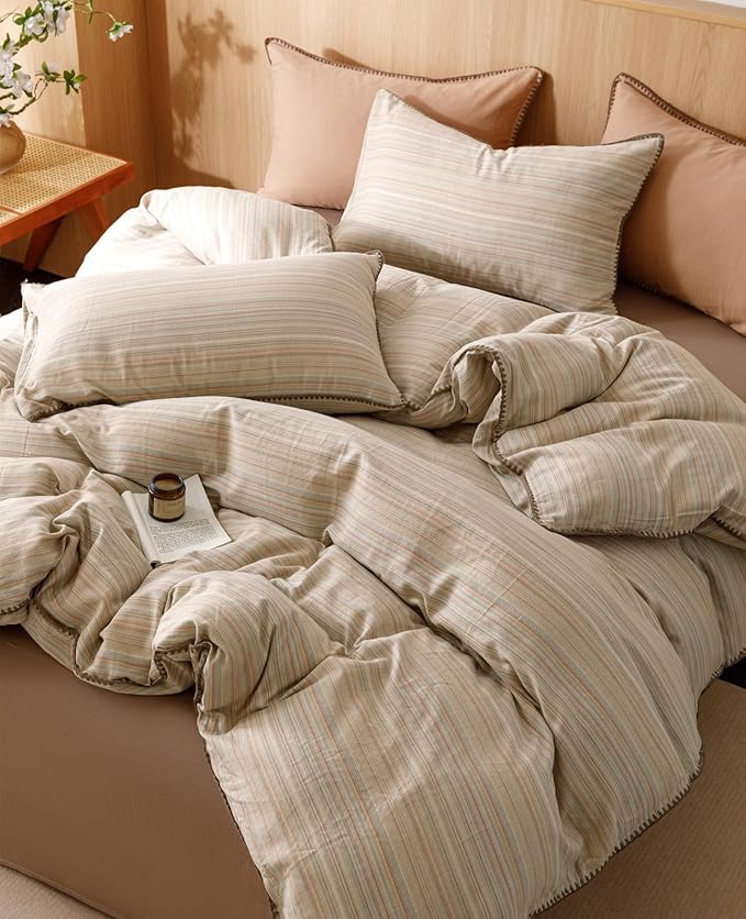 VM VOUGEMARKET Brown Tan Duvet Cover King Striped Pattern Yarn Dyed Muslin Cotton Duvet Cover with Embroidered Edge Super Soft Cozy Bedding Set for Men Women,King Size