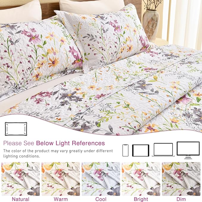 QSH 100% Cotton Quilt King Size Bedding Set (110"x98") 3Pcs Floral Quilt Set Yellow Wild Flower Botanical Printed Bedspread Coverlet King Soft Lightweight Bed Set with Pillowshams