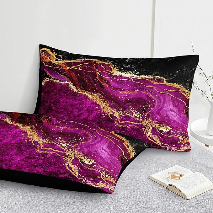 Black Gold Comforter Set 8 Pcs Hot Pink Marble Bedding Set King Size Bed in A Bag Purple and Black Marble Stone Texture Abstract Room Decor Black Marble Bed Comforter