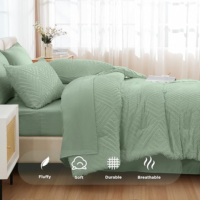 Andency Oversized King Size Comforter Set 7 Pieces Sage Green - Bed in a Bag Oversized King Boho Lightweight Fluffy Tufted Bedding Sets with Comforter, Sheets, Pillowcases & Shams