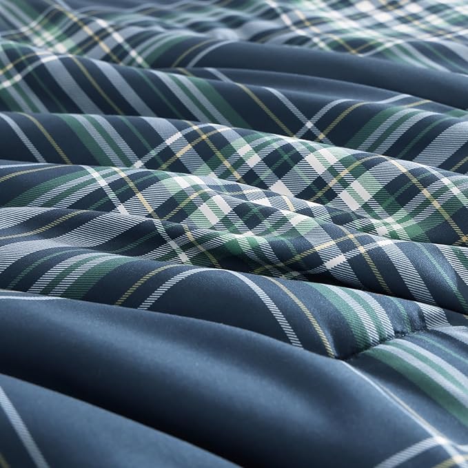 Plaid Full Comforter Sets, Midnight Blue Bedding Set 7 Pieces for Boys Girls Teen, Classic Farmhouse Bed in a Bag for Dorm with Sheets, Pillowcases & Shams