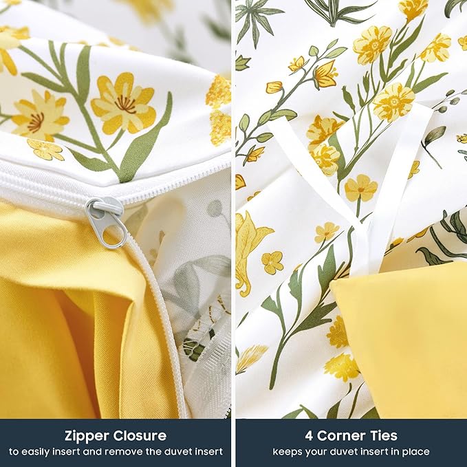 Wake In Cloud - Floral Duvet Cover Set, Shabby Chic Cottage Garden Botanical Flower Style with Elegant Wildflower Pattern, Soft Lightweight Bedding, 3 Pieces, Yellow White, Full Size