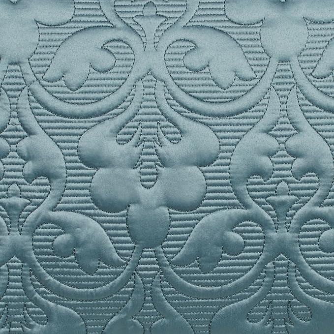 Cambridge Classic Luxury Bedding | Blue Shadow Solid Color Polyester Satin | Elaborate Damask Quilting | 6 Pc Bed Set Includes Fitted Oversized King Bedspread, 2 King Shams, & 3 Decorative Pillows