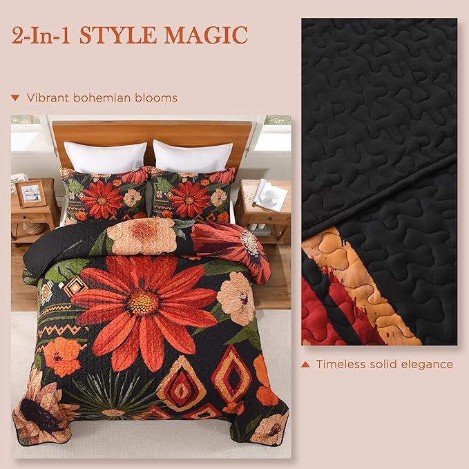 Andency Floral Boho California King Quilt Bedding Set Black, 3 Pieces Farmhouse Flower Botanical Summer Oversized King Bedspreads, Soft Reversible Lightweight Microfiber Coverlet Set, 104"x112"