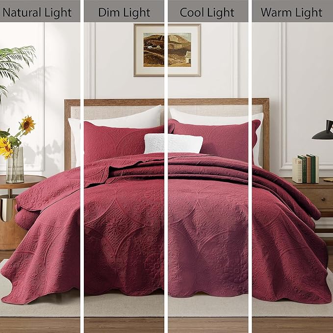 MOONLIGHT20015 8 Pack Quilt King Size Bedding (106" x 96") - Bulk Wholesale for Hotels, Guest Bedroom & Airbnbs - Lightweight Microfiber Reversible Floral Embossed Quilts Bedspreads (Burgundy)