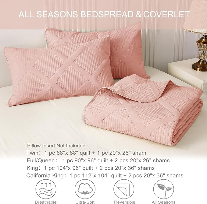 Exclusivo Mezcla Twin Size Quilt Set - Blush Pink Quilts Bedding Set with 2 Pillow Shams, Modern Bedspread with Striped Pattern, Soft Lightweight Bedspreads Coverlets for All Seasons