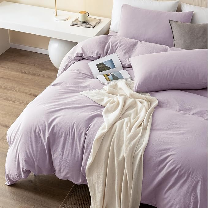 JIYUAN 100% Washed Cotton Duvet Cover Set 2 Pieces Twin, 1 Duvet Cover 68x90 Inches(Comforter Not Included) and 1 Pillowcase,Linen Like Comfy and Breathable,Heathered Light Purple