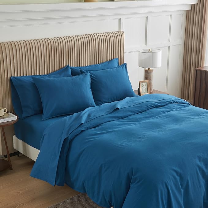 Simple&Opulence Belgian Linen Sheet Set Solid Color - 6 Pieces (1 Flat Sheet & 1 Fitted Sheet & 4 Pillowcases) 16" Deep Pocket Natural Flax Cotton Blended Soft Bedding - Navy Blue, King Size