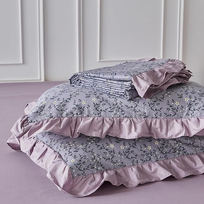 YuHeGuoJi Lavender Purple Floral Duvet Cover King 100% Cotton 3 Pcs Set 1 Lilac Purple Ruffle Duvet Cover with Zipper Ties 2 Pillow Shams Garden Farmhouse Botanical Bedding Set Soft