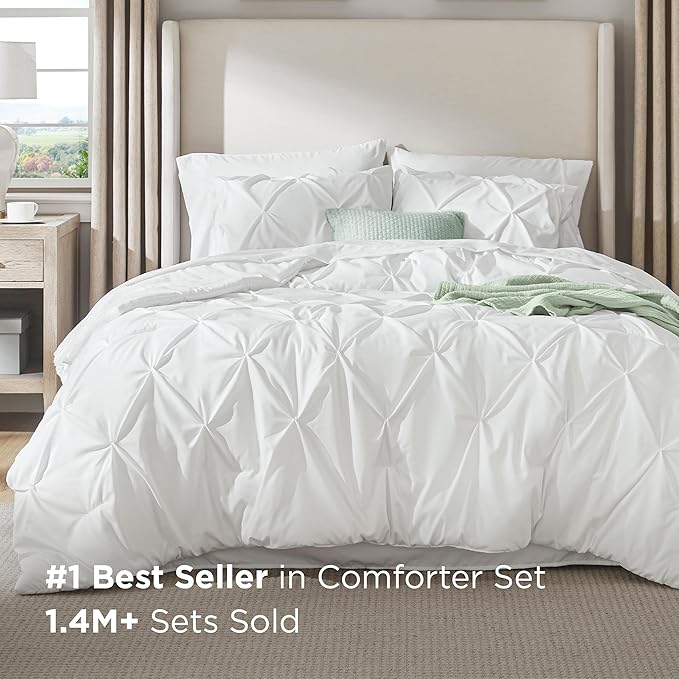 Bedsure King Size Comforter Set White - Bed in a Bag Bedding Set 7 Pieces, GentleSoft™ Pintuck Bed Set Gift for Family, Pinch Pleat White Comforter with Sheets, Pillowcases & Shams