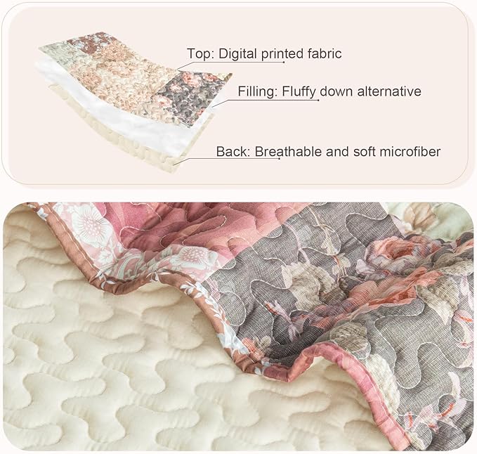 Whale Flotilla Patchwork Quilts Queen Size, Soft Boho Floral Bedspreads for Bed Reversible Lightweight Full Queen Quilt Bedding Set Coverlets with 2 Pillow Shams for All Seasons, Vintage Red Flowers