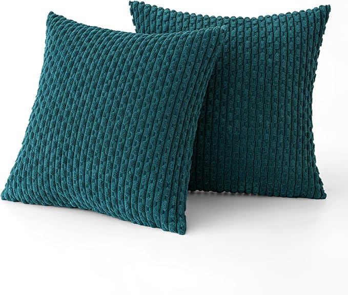 MIULEE Pack of 2 Decorative Throw Pillow Covers 18x18 Inch Soft Boho Striped Textured Corduroy Pillow Covers Modern Farmhouse Home Decor for Couch Bed Sofa Living Room Teal Blue