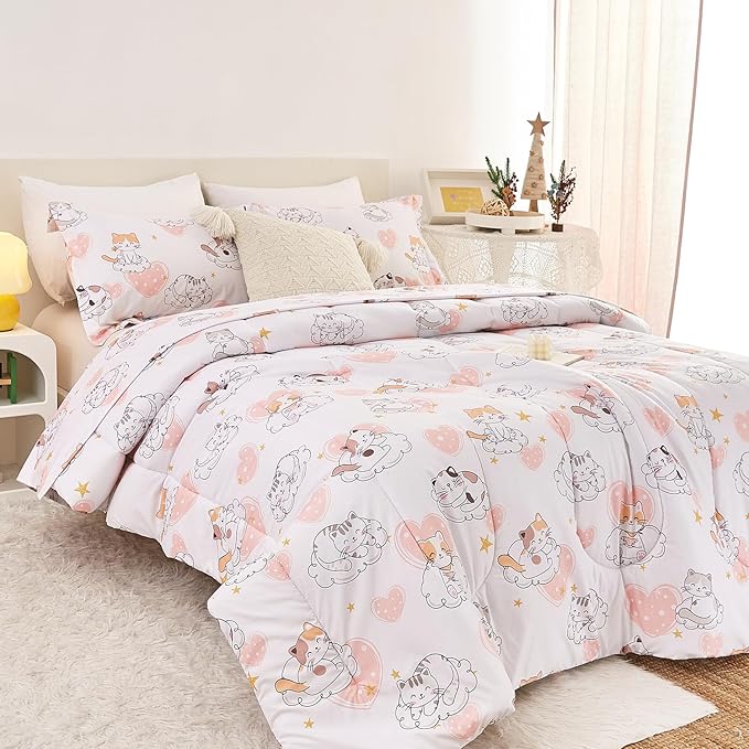 Yibeizi Cat Kids Comforter Set for Girls Full Size, Cute Quilted Pink Heart Printed Bedding Set with Pillow Sham, Lightweight Soft Breathable Machine Washable Bed Set 3 Piece
