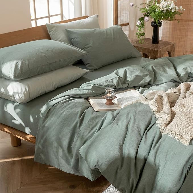 MooMee Bedding Duvet Cover Set 100% Washed Cotton Linen Like Textured Breathable Durable Soft Comfy (Heathered Green, Full 80"x90")