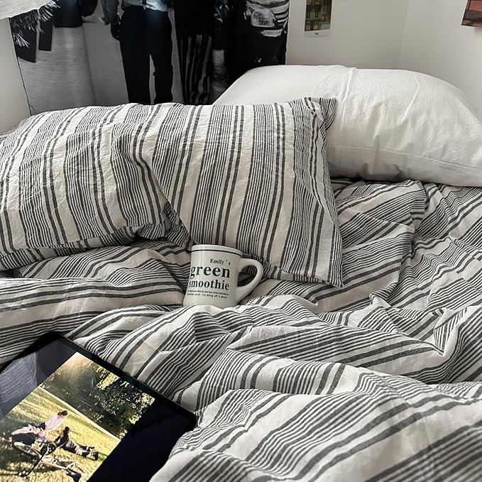 VM VOUGEMARKET King Duvet Cover Set Black Grey White Stripes Bedding Set,Luxury Comfy Washed Cotton Textured Linen Like Comforter Cover with Zipper&Ties-104"x90"