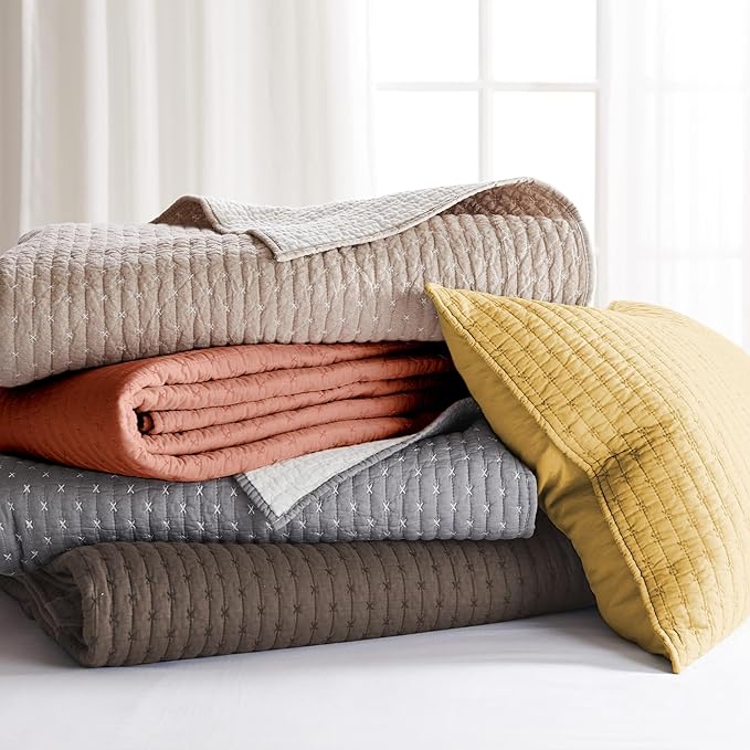 Levtex Home Cross Stitch Reversible Queen Bedspread Set (104x106in) with 2 Pillow Shams (26x20in) - Stitch Texture - Ochre - Cotton Queen Size Bedspread Set - Lightweight, Soft, Pre-Washed