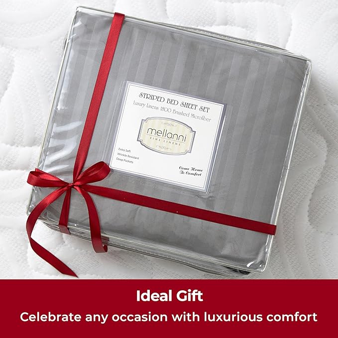Mellanni Twin XL Sheets Set - 3 PC Iconic Collection Bedding - Hotel Luxury, Extra Soft, Cooling Bed Sheets - Wrinkle, Fade, Stain Resistant (Twin Extra Long, Striped Gray/Silver)
