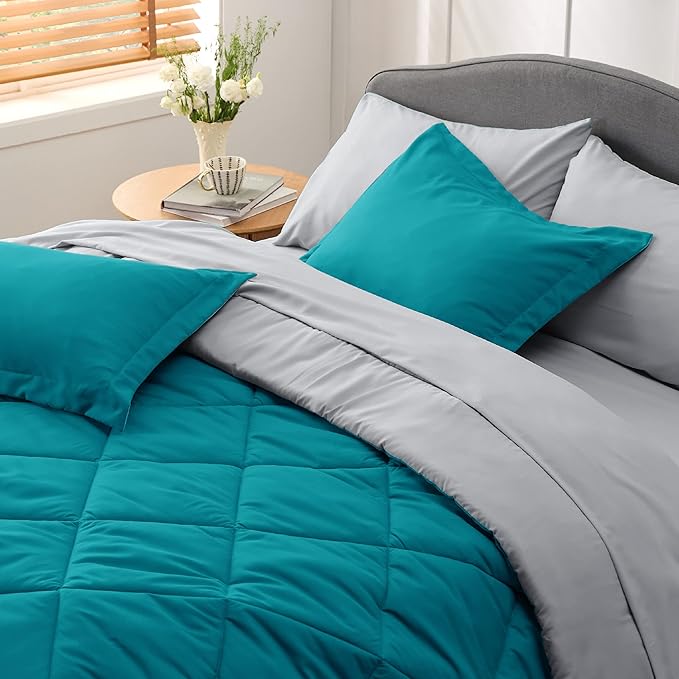 Bedsure Twin Comforter Set - 5 Pieces Reversible Teal Bedding, Twin Size Bed Set for All Seasons, Bed in a Bag with Down Alternative Comforter, Sheets, Pillowcase & Sham