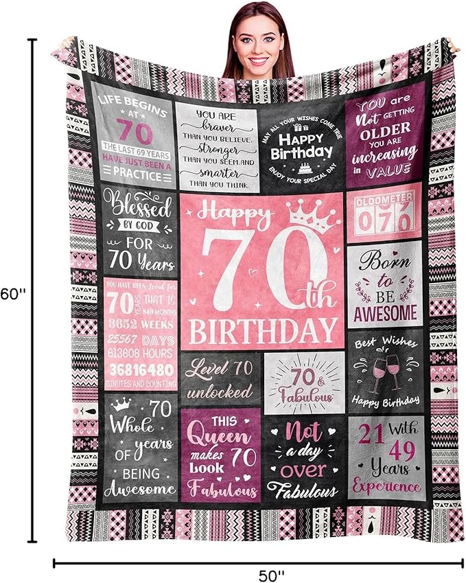 70th Birthday Gifts for Women, Happy 70th Birthday Decorations, 1956 Birthday Gifts for 70 Year Old Woman, Soft Flannel Pink Throw Blanket 60”X50”