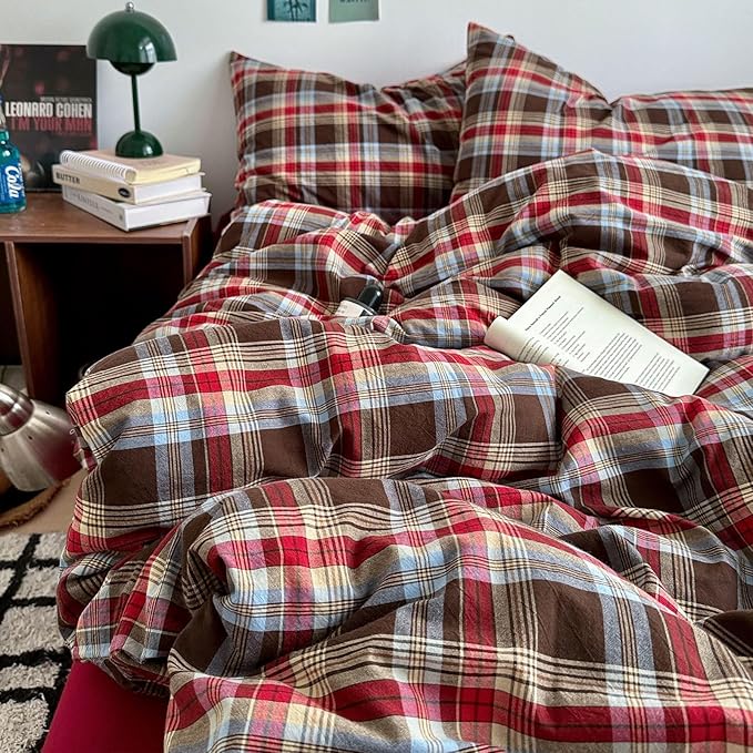 LifeTB Vintage Buffalo Plaid Comforter Set Twin XL, 3 Pieces Red Brown Grid Checkered Comforter with 2 Pillowcases, Breathable Soft Farmhouse Grid Pattern Printed Plaid Gingham Bedding Comforter Set