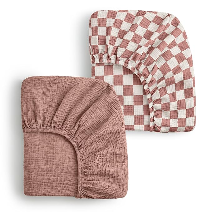 Blissful Diary Muslin Crib Sheets for Girl Boy, Boho Neutral Soft Cotton Baby Sheet for 52''x28'' Standard Crib Mattress, 2 Pack(Dusty Pink Checkboard & Dusty Pink)