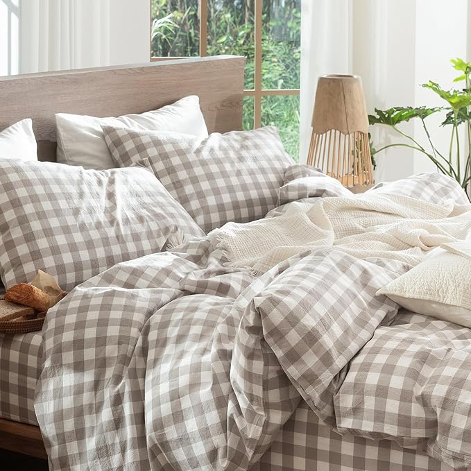MooMee Gingham Duvet Cover Set 100% Washed Cotton Linen Like Textured Breathable Durable Soft Comfy Modern Checkered Design (Buffalo Plaid Tannish Linen Grey, Palatial King/Oversized King 120"x98")
