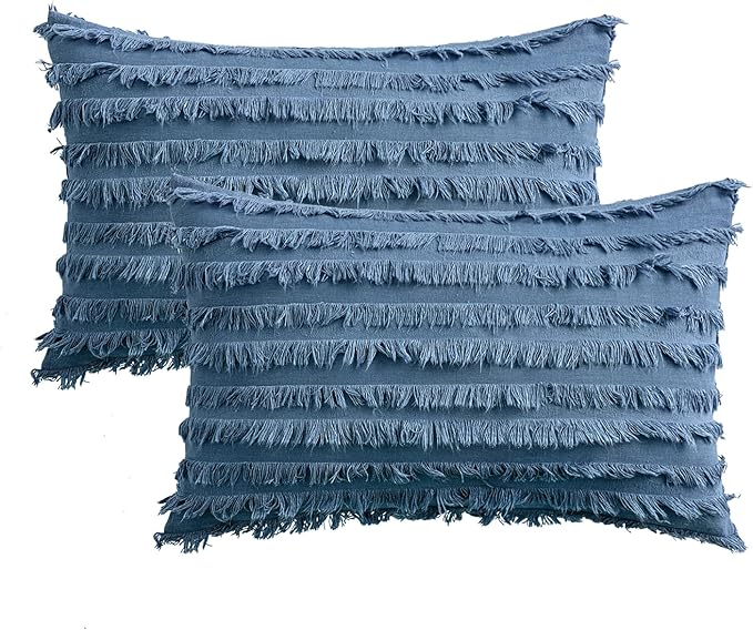 MIULEE Set of 2 Decorative Boho Throw Pillow Covers Linen Striped Jacquard Pattern Cushion Covers for Sofa Couch Living Room Bedroom 12x20 Inch Dark Blue