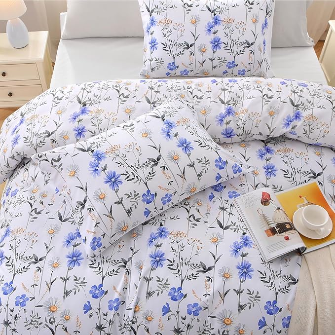 MUXHOMO Blossom Blue Bed in a Bag King 7 Pieces, King Comforter Set Reversible Botanical Flowers Design, Ultra Soft & Breathable Bedding Sets with Comforter, Sheets, Pillowcases & Shams